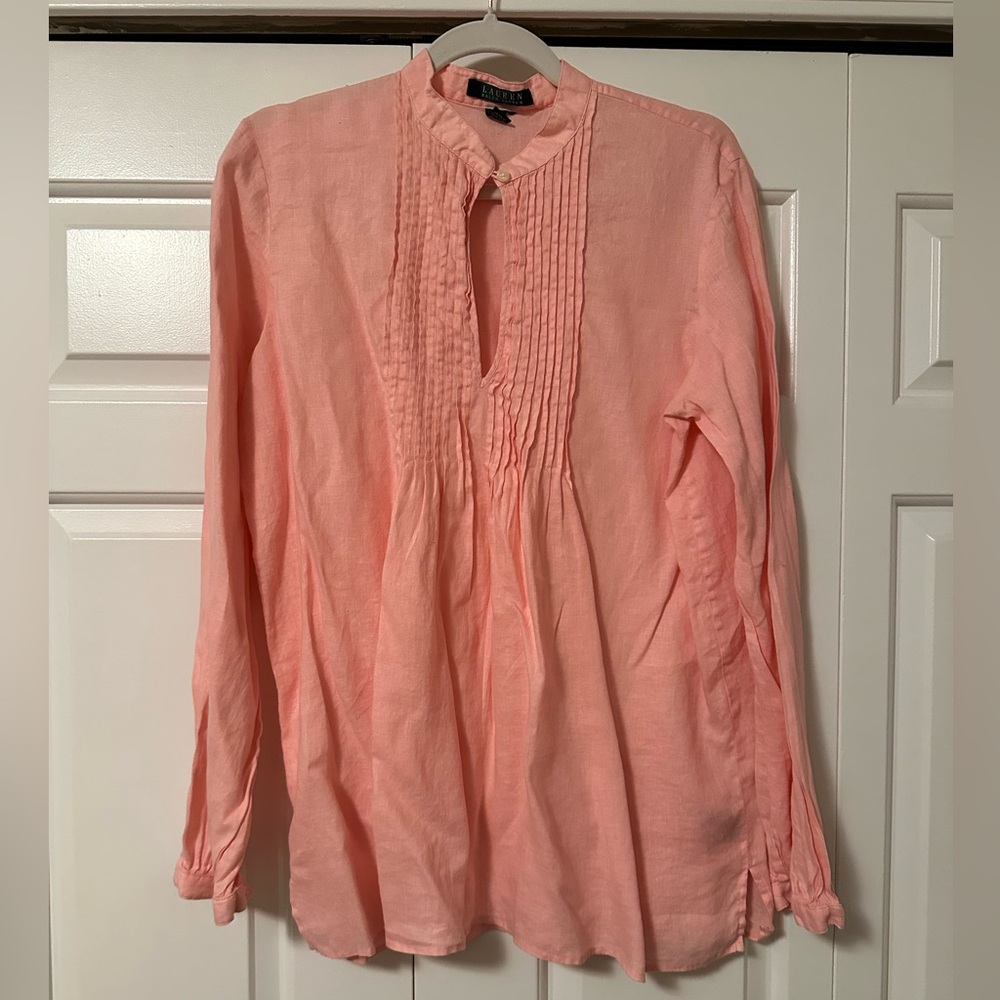 Lauren Ralph Lauren Pink Linen Pleated Tunic Shirt. Size Medium.